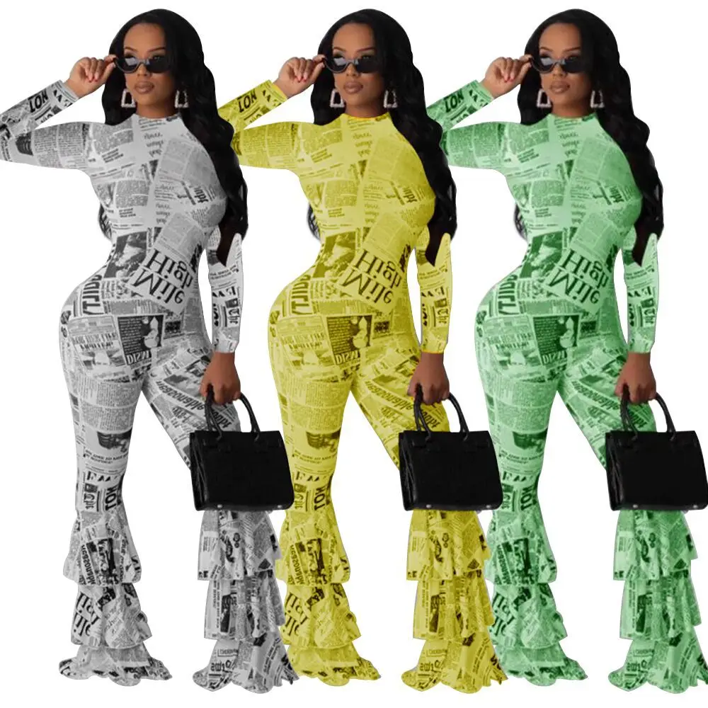 Женский комбинезон с принтом газет GL осенне зимний длинным рукавом и круглым