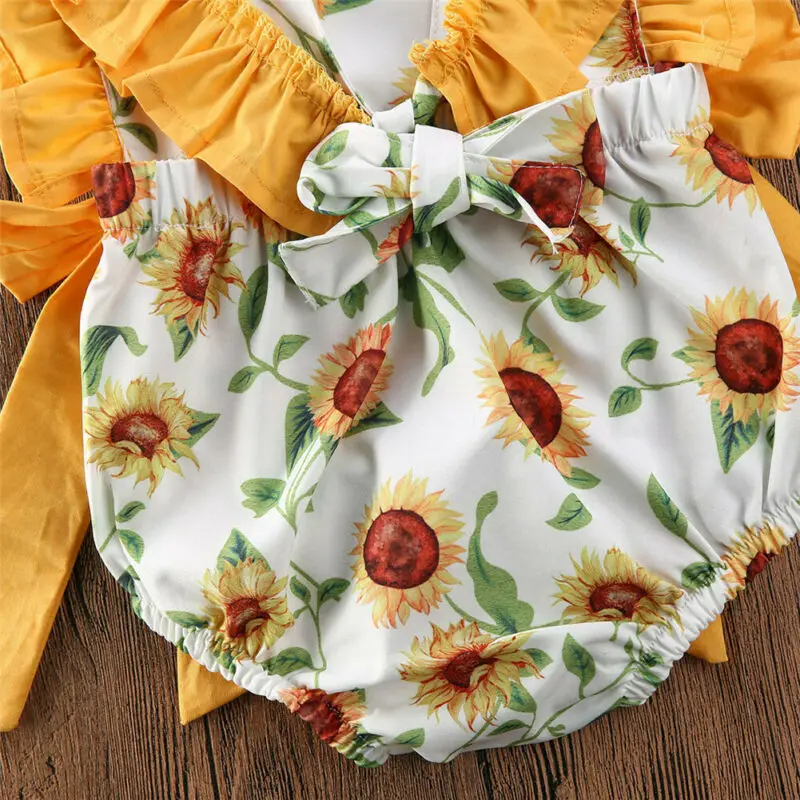 

2020 Newborn Baby Girl Clothes Sleeveless Sunflower Bodysuit Bowknot Jumpsuit Headband 0-24M Infant Girls 2Pcs Summer Outfit Set
