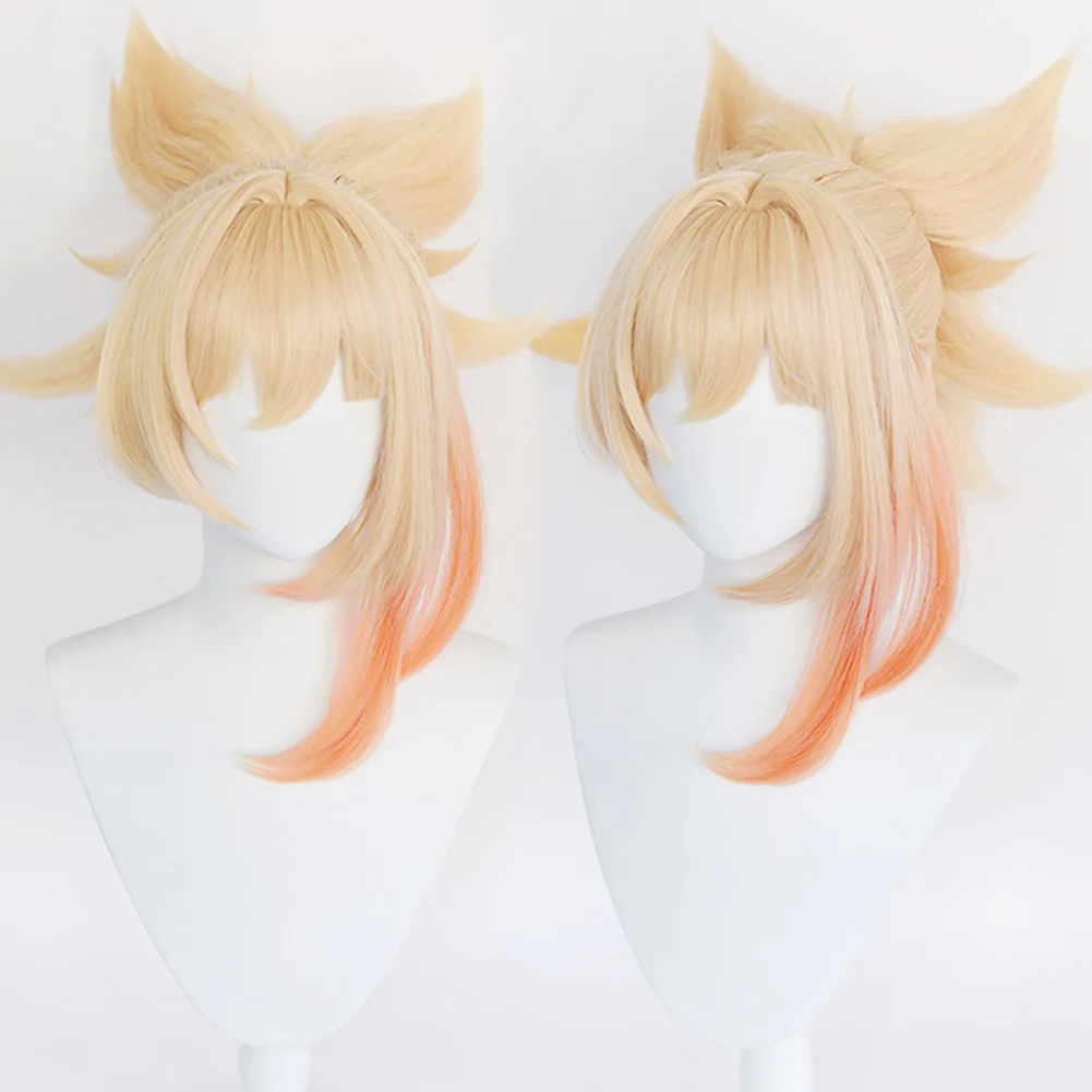 

Game Genshin Impact Yoimiya Cosplay Wig High Quality Blond Orange Heat Resistant Synthetic Hair Clip Ponytail Wigs + Wig Cap