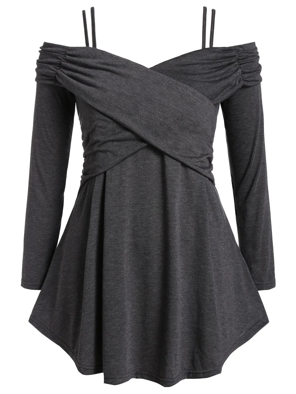 ROSEGAL размера плюс Передняя Крест Ruched открытый плечо футболка для женщин Спагетти ремень Твердые Топы Высокая талия длинный рукав тройники осень