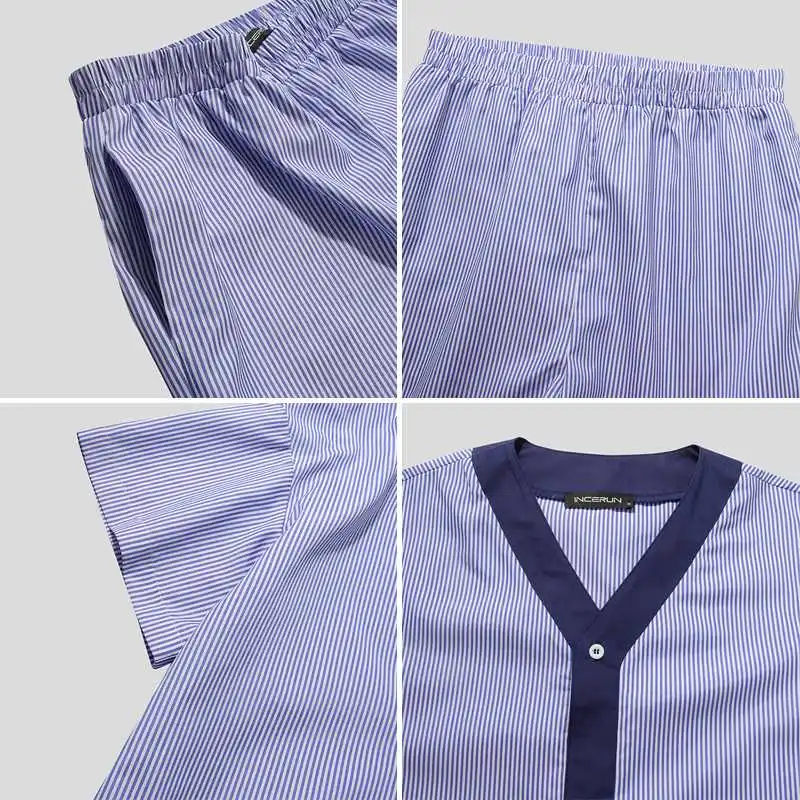 

INCERUN Men Leisure Striped Pajama Sets Short Sleeve V Neck Tops Elastic Shorts 2 Pieces Man Casual Patchwork Homewear Suits 5XL