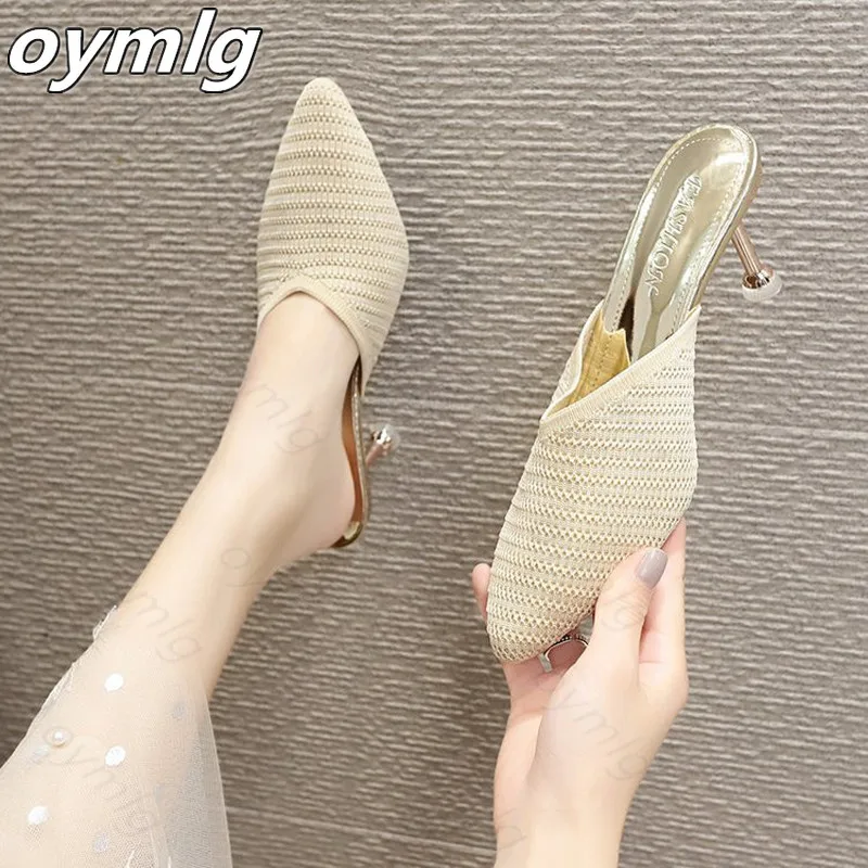 

2021 Stiletto heels Knitted Slippers Women New Summer Shoes Women Fashion Heels Beige Elastic Mesh Mules Female Shoes