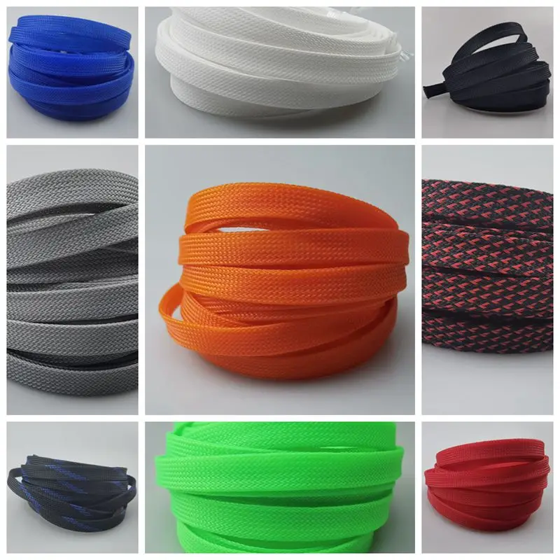 

3MM 4MM 6MM 8MM 10MM 12MM 16MM Flat PET Cable Sleeves Braided Expandable nylon Snakeskin Wire Sleeving black red yellow green