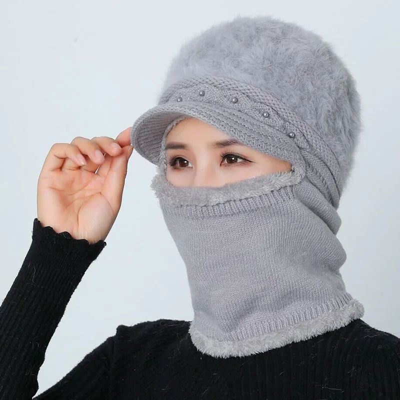 Высококачественные зимние шапки для женщин Skullies Beanie cap шляпки из шерсти набор теплая маска Gorras шапка из кроличьего меха Вязаная Шапка