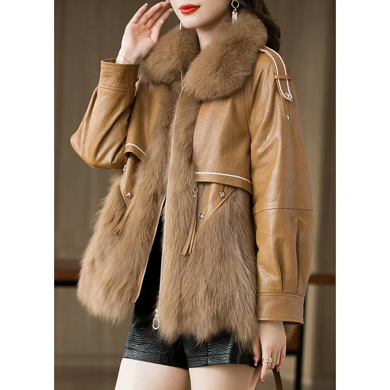 

Winter Fox Fur Collar Coat Women's Genuine Sheepskin Leather Jacket Famale Short Warm Jackets High-end Manteau Femme Hiver 946