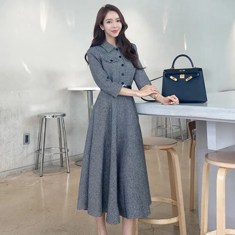 

Temperament Single-Breasted Lattice Elegant Dress Women Korean Casual High Waist A-Line Simple Vintage Dresses Vestidos
