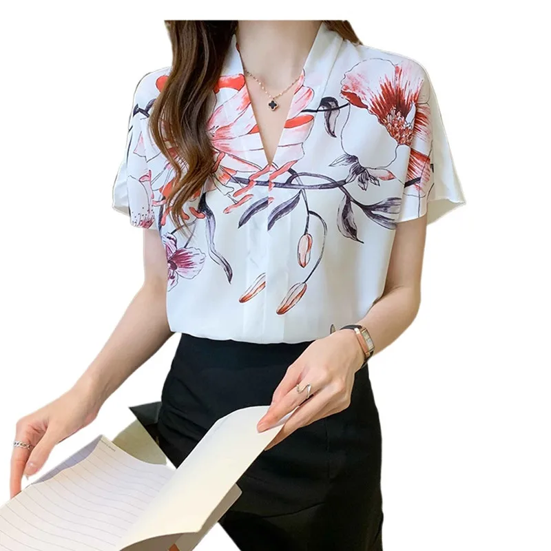 

Women's Shirt Summer Floral Blouses for Women Short Sleeve Tops Women Printing V-neck Blouse Tops Female 2021 Woman Basic Shirts