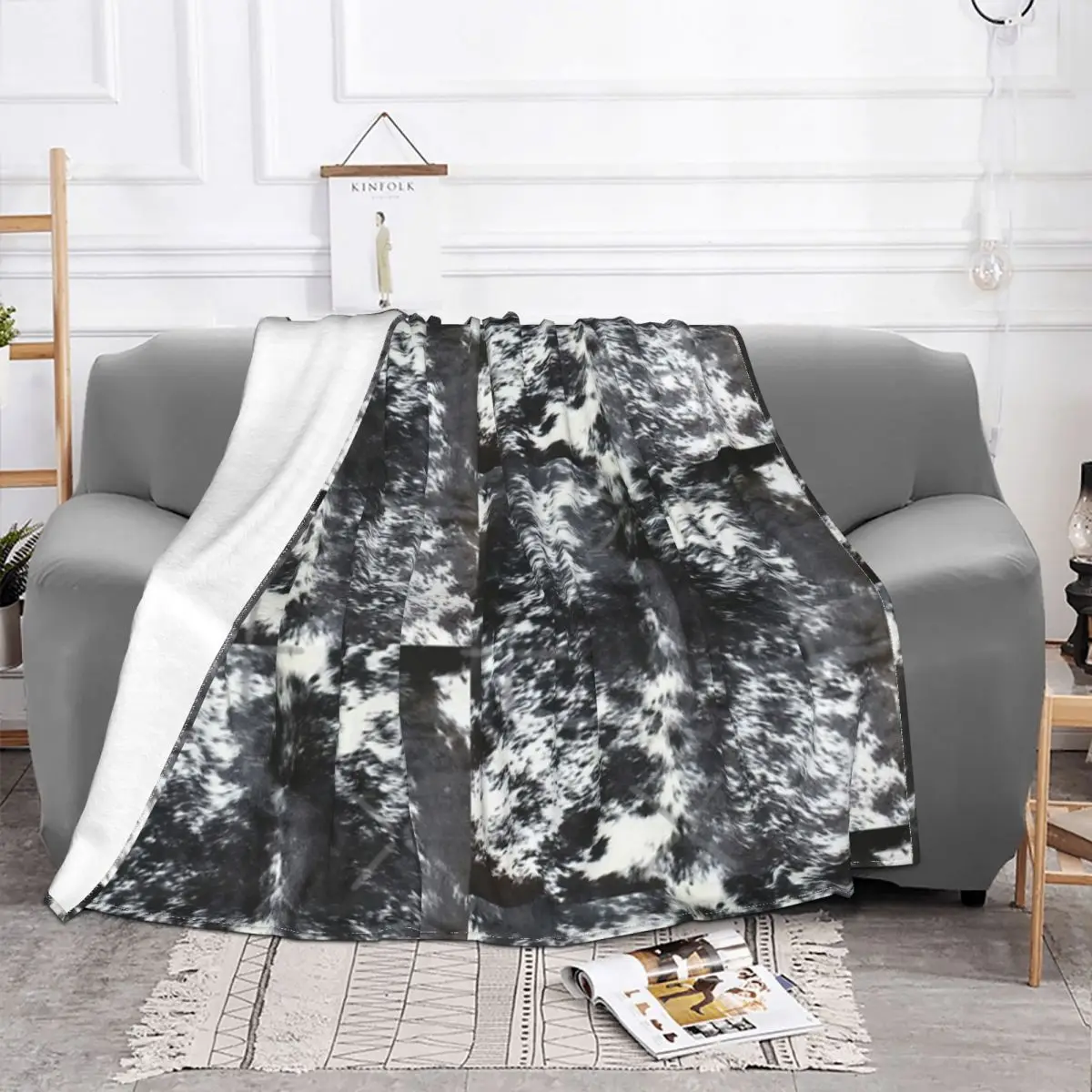 

Manta de textura blanca y negra de cuero de vaca, para cama colcha, alfombra a cuadros, manta de muselina para bebé
