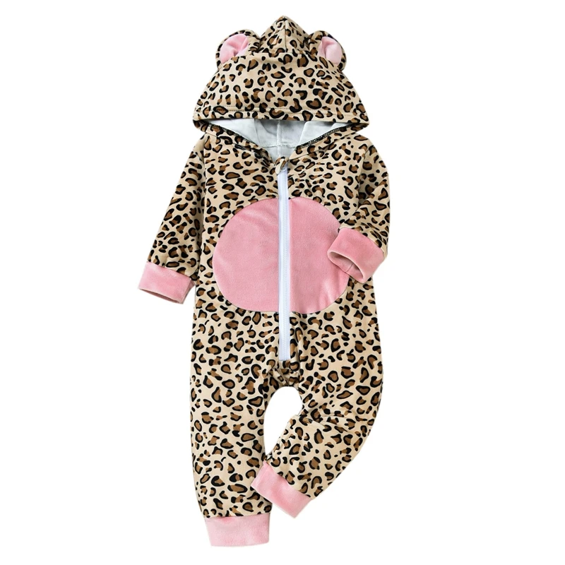

Infant Baby Girls Boys Cartoon Romper, Autumn Spring Infant Creative Leopard Print Long Sleeve Zipper Fluffy Hooded Jumpsuit