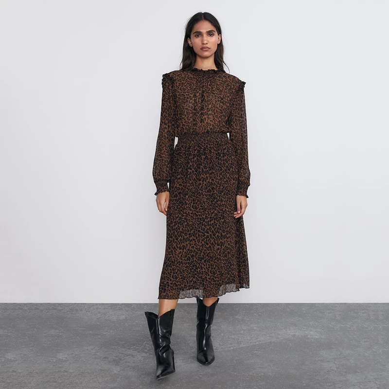 Женское платье с леопардовым принтом ZA длинным рукавом высоким воротом и
