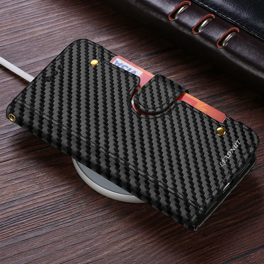 Чехол кошелек из углеродного волокна и кожи для iPhone 11 Pro Xr X Xs Max 7 Plus 8 6S 6 5 5S SE