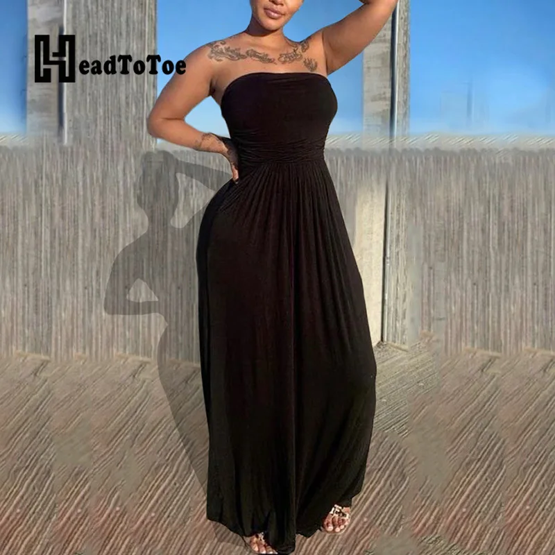 

Off Shoulder Plain Ruched Backless Maxi Dress Women Strapless Sleeveless Summer Dress