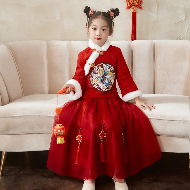 

Autunm Winter Children Embroidery Chinese Lovely Party Dress Kids New Year Outfits Vintage Button Girls Thick Warm Tang Suit