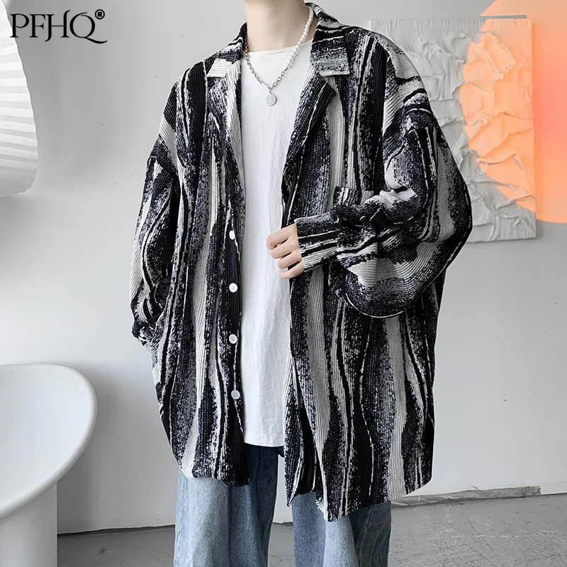

PFHQ 2021 New Men's Fashion Loose Lapel Irregular Stripes Korean Style Retro Ink Painting Printed Shirt Autumn Winter 21F062