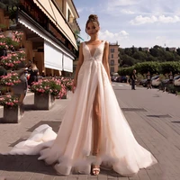 lorie sexy v neck lace backless princess wedding dress 2020 light pink side split lace appliques bridal gowns vestido de novia