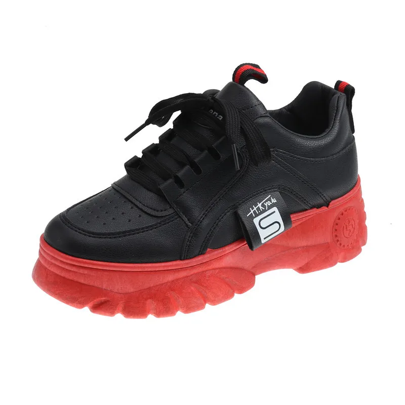 Black Red 5 cm Увеличивающая рост Ulzzang; женская повседневная обувь; женские кроссовки на платформе; Туфли на танкетке; лоферы на плоской подошве; женская обувь на толстой мягкой подошве; кроссовки - Цвет: Black Red 5 cm