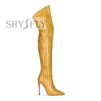 2021 high heels fashion women fetish stiletto heels sexy full zipper yellow thigh high boots patent leather footwear plus size