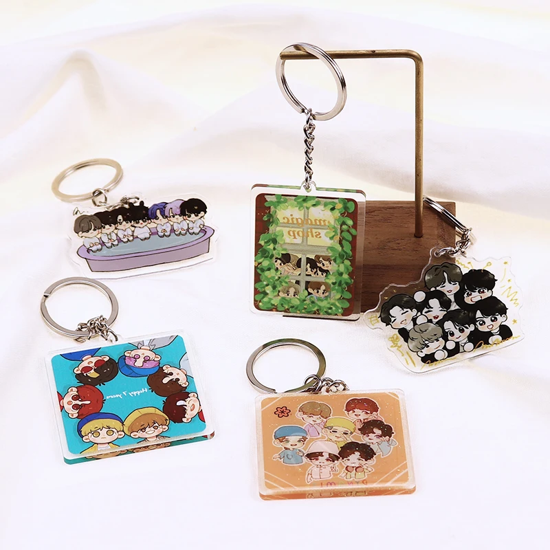 

Kpop Bangtan Boys Group Of Seven Cartoon Glitter Glue Keychain Pendant Chain Jk Suga Jhope V Acrylic Keyring Jewelry ​Fans Gifts