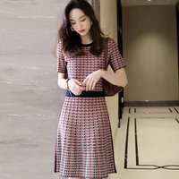 one piece korean short sleeved knitted sweater dresses female 2021 summer new contrasting houndstooth waist knitted dresses