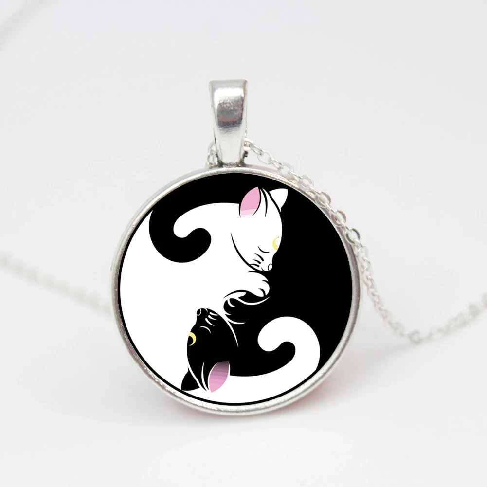 Винтажное ожерелье с двумя кошками модное ретро-ожерелье стеклянной подвеской