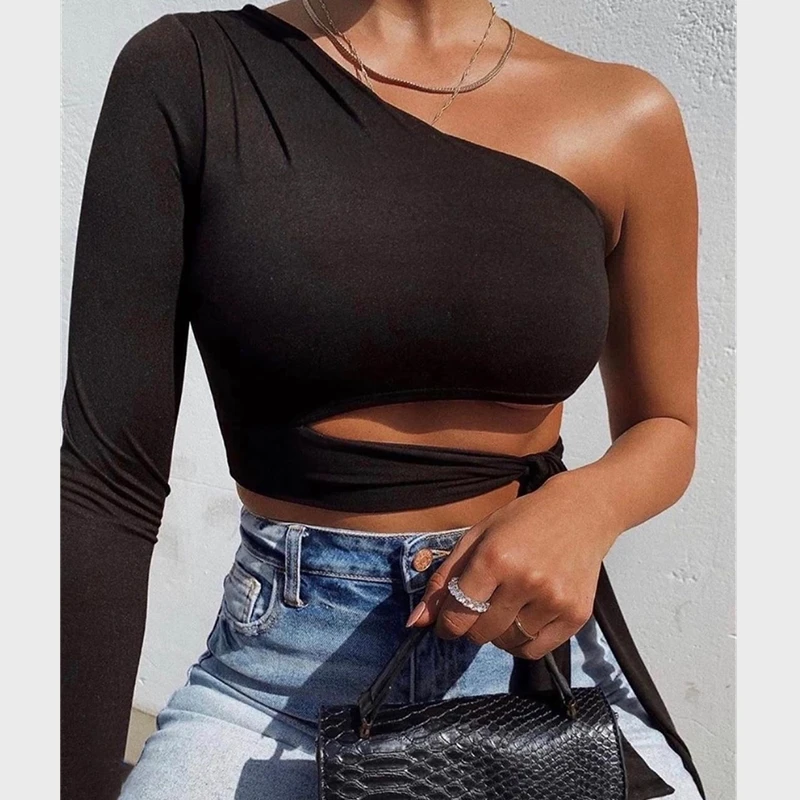 Women Sexy One Shoulder Lace up Crop Top Ladies Summer Casual Long Sleve T-Shirt Tee Short Camis | Женская одежда