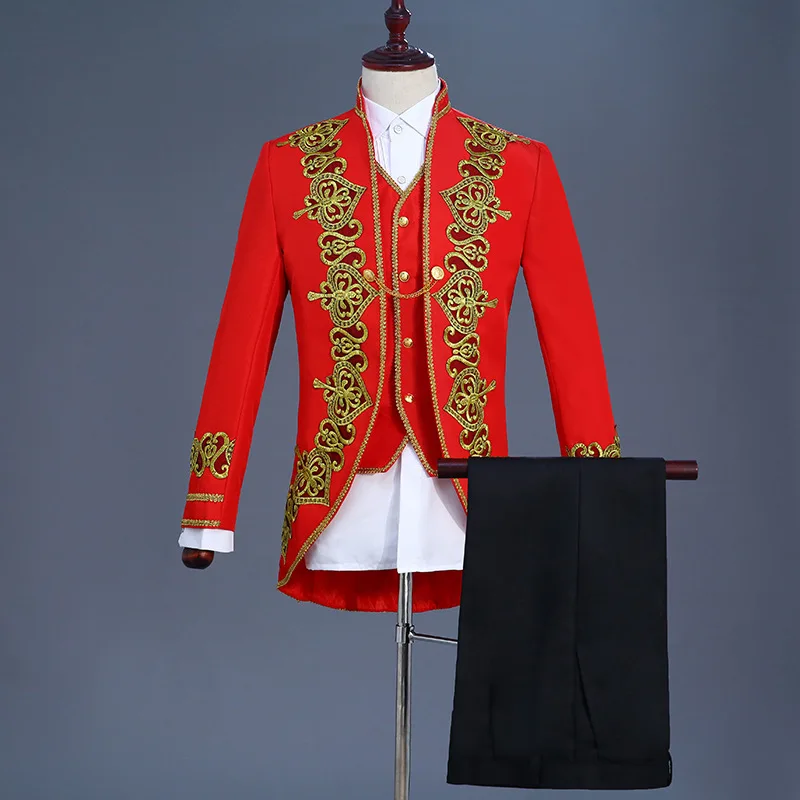 Mens Gold Embroidery 3 Piece Tuxedo Suit (Jacket+Pants+Vest) Party Wedding Festival Costume Homme Singer Opera Stage Suit Jacket