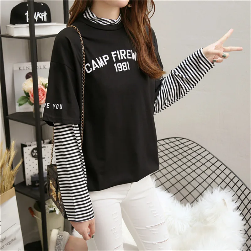 Весенне-осенняя женская футболка с надписью в полоску пэчворк кэжуал свободный