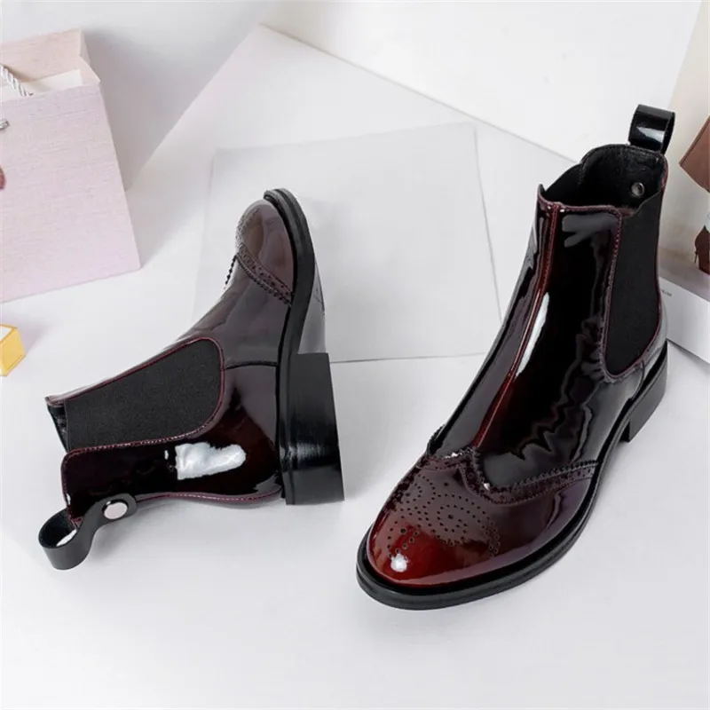 Модные женские ботинки из лакированной кожи обувь на плоской подошве с круглым