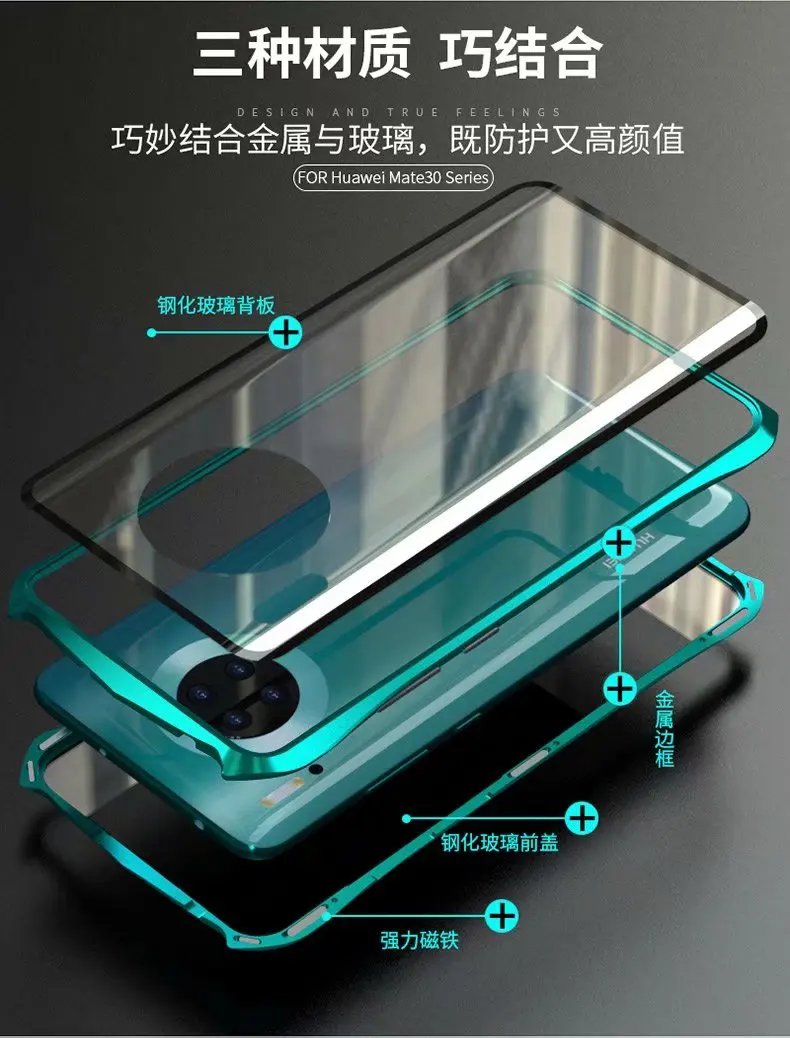 Магнитный чехол для Huawei Mate 30 Pro двухсторонний из закаленного стекла 9H с поворотом