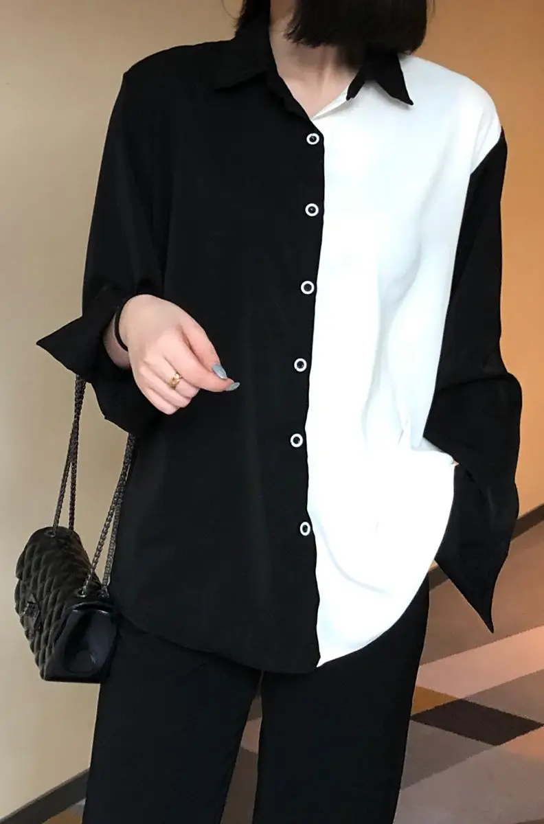 

Women's Shirt plus size stitching New Lapel Long Sleeve Loose Fit Fashion Tide Spring 2021