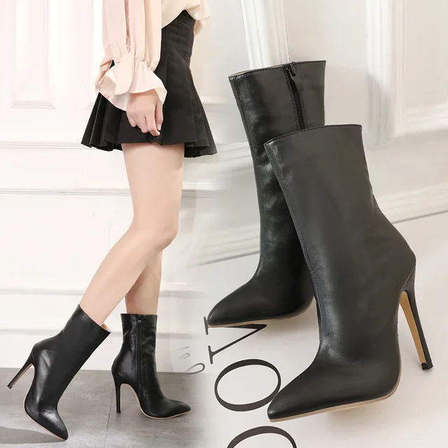 2020 г. Осенне-зимние женские ботинки кожаные на тонком каблуке Модные ботильоны