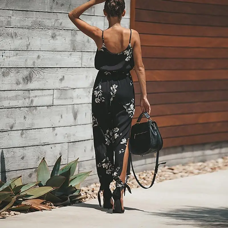 

Summer Floral Print Sleeveless Jumpsuit Women Fashion Spaghetti Strap V Neck Drawstring Romper Female Boho Plus Size Jumpsuits