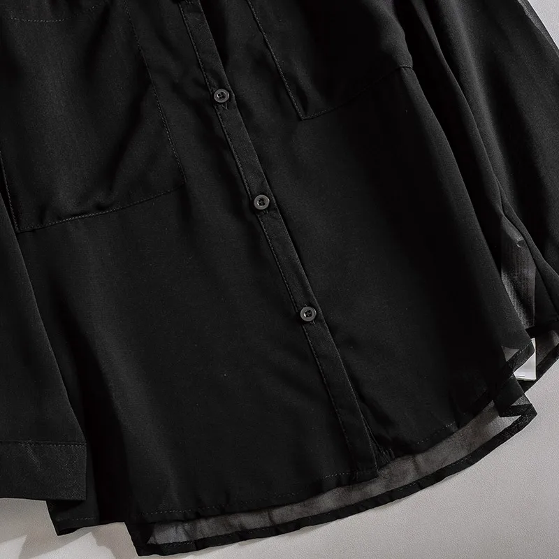 

Cheapest Price Discount See Through Chiffon Blouse Women Fashion Sexy Pockets O Neck Single Breasted Blusas Summer Womens Shirts