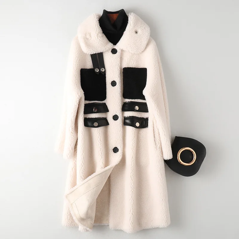 100% Real Sheep Leather Jackets Fluffy Teddy Warm Thickening Coat Women Fur Parka Mid Long Luxury Patchwork Outerwear Clothing | Женская
