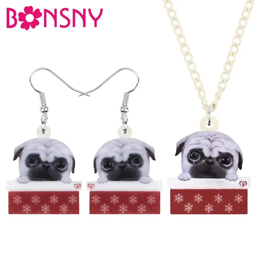 Bonsny акриловые Рождество мопса Ювелирные наборы животных прямая Длинные висячие