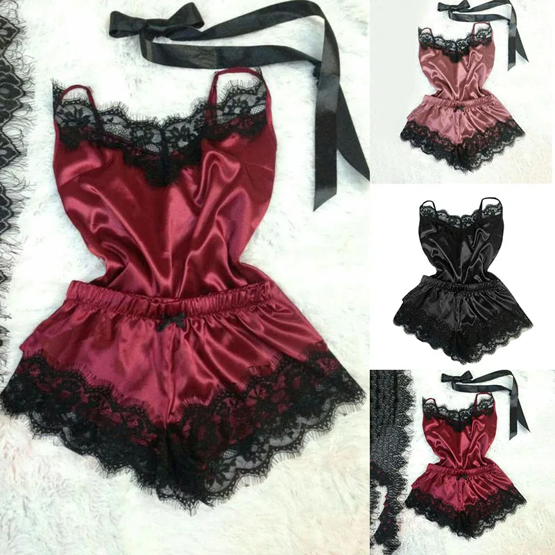 Women Sleepwear Sets Sleeveless Strap Lace Trim Satin  Nightwear  Sexy Summer Home Wear Sleep Wears