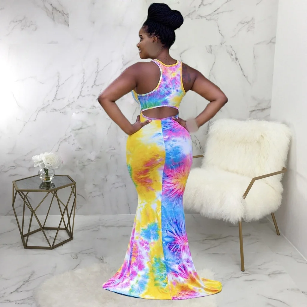 

Sexy Women Summer Long Dress Sleeveless Tie Dye Female Robe Party Mermaid Vestidos Women Hollow Out Maxi Dress