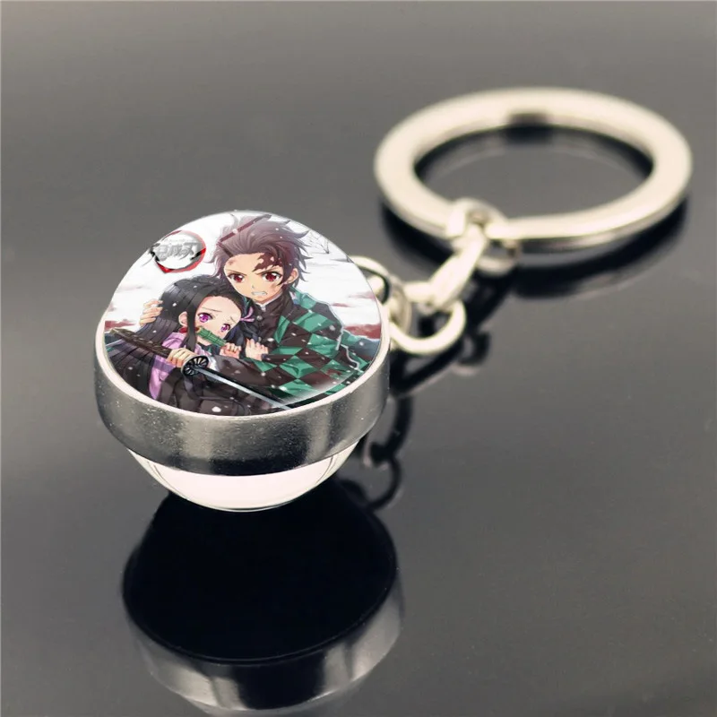 Demon Slayer Keychain Anime Cosplay Kimetsu No Yaiba Kamado Tanjirou Key Ring Double-sided Glass Ball Pendant Accessory Gift