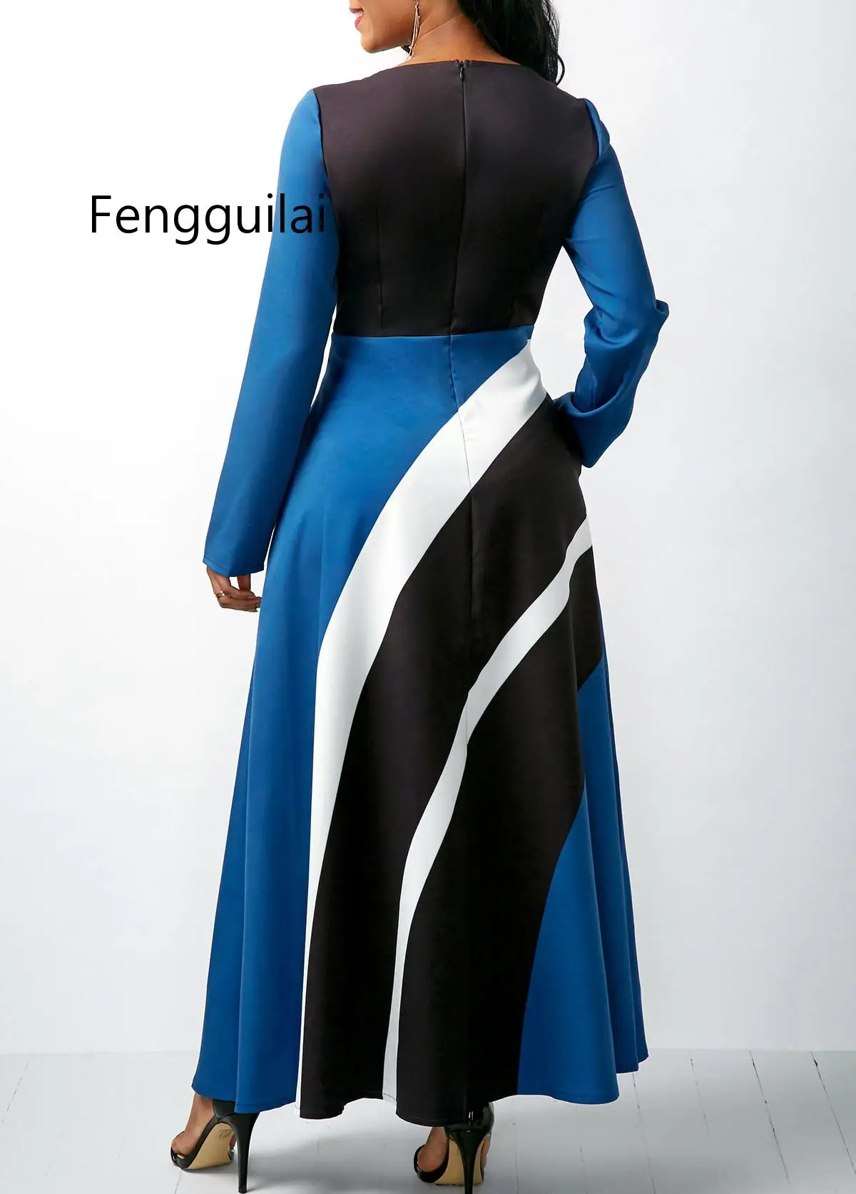 

FENGGUILAI 2019 New Elegent Fashion Style Autumn Winter Women Beauty Plus Size Long Sleeves Stripe Long Dress S-5XL