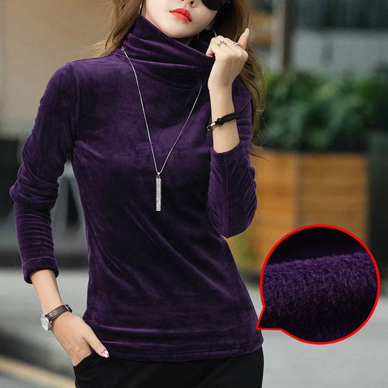 2020 Autumn Winter Women Plush Thicken High Neck Bottomed Blouse Shirt Female Long Sleeve Golden Velvet Tops 4XL Femina Blusa