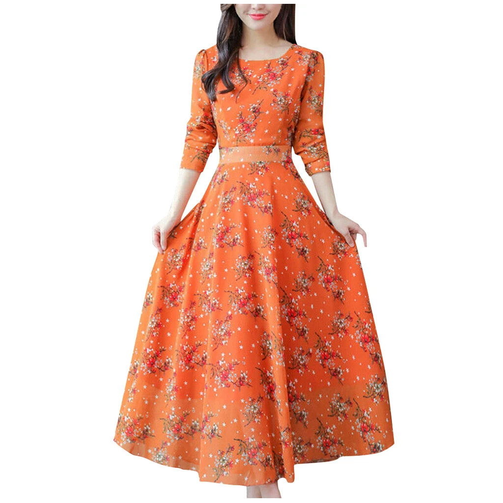 Женские весенние платья с цветочным принтом с длинными рукавами Boho Платье Карманы Свободные Осенние повседневные Макси женские зимние 816