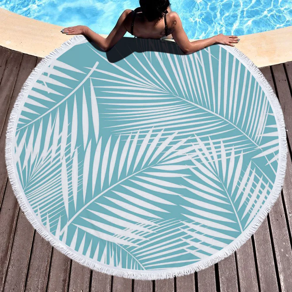 

Green plant type round printed beach towel factory direct supply Microfiber plus tassel round bath towel