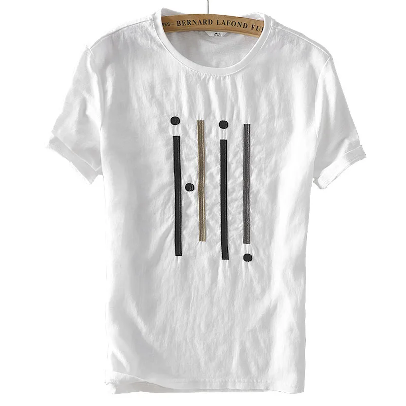 

Cotton Linen Men Short Sleeve Graphic T Shirts Fashion Crane Print White Embroidery Tshirt Male Casual O-Neck Tees Tops