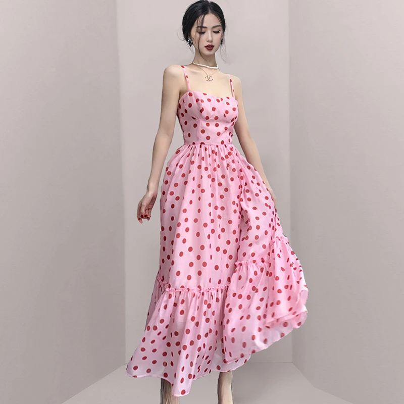 Женское длинное платье макси розовое в горошек на тонких бретелях | Женская
