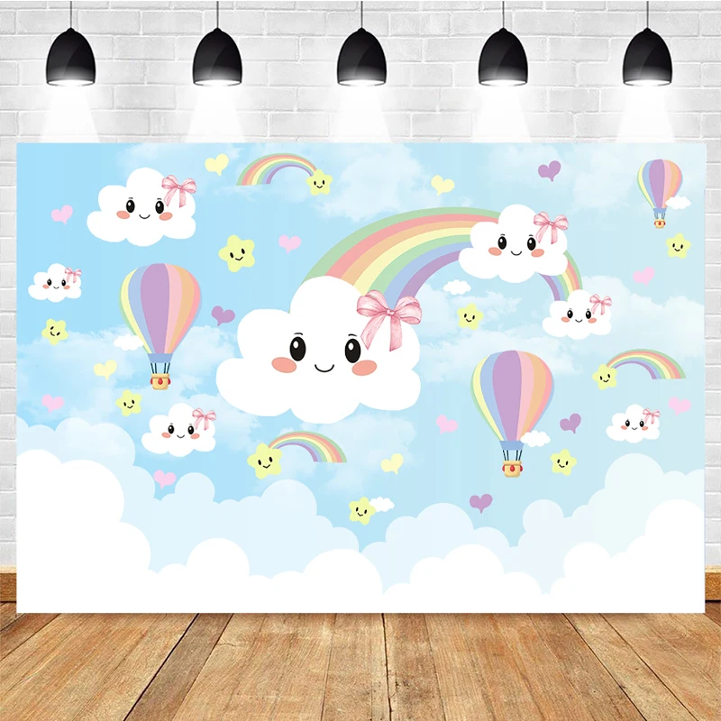 

Mocsicka Baby Shower Photography Background White Clouds Rainbow Hot Air Balloon Decoration Style Birthday Party Backdrop Studio