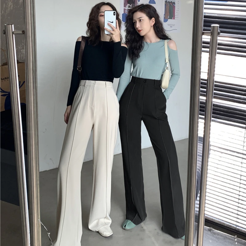 

2021 Solid Color Wild Straight Pants Female Spring Summer New Fashion High Waist Casual X-Long Pants 165-175cm
