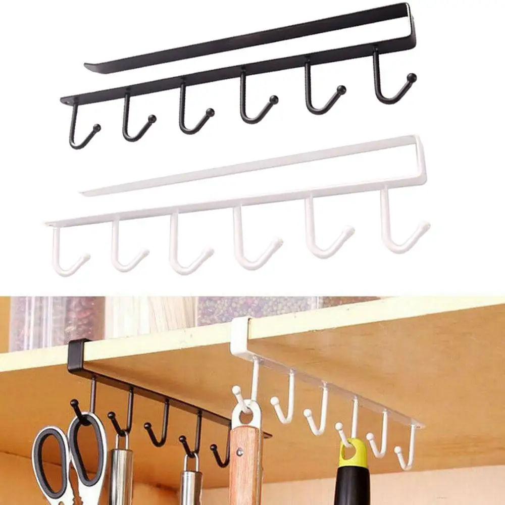 

Storage Rack Organiser Rack Kitchen Hook Tools Black White 6 Hooks Cup Holder Hang Multifunctional Kitchen Cabinet Shelf Metal