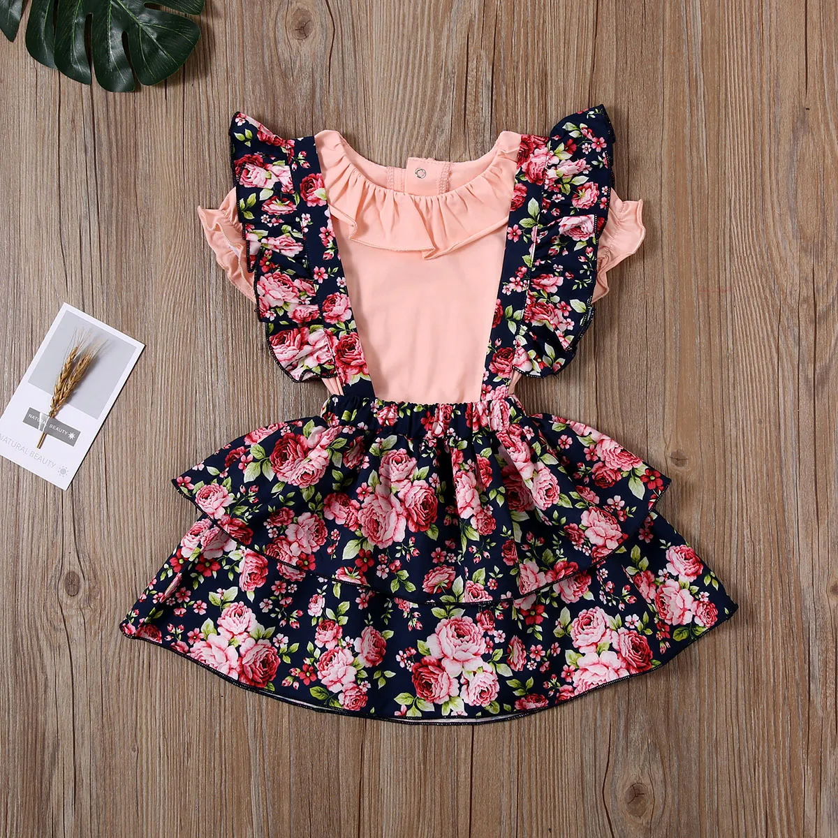 

Новорожденный Одежда для детей; малышей; девочек Комбинезон с кружевным гофрированным воротником комбинезон и юбка с цветочным принтом ком...