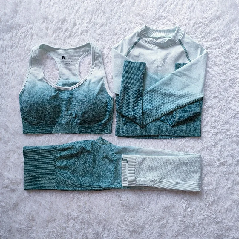 

Women's Tracksuit Workout Yoga Set Seamless Fitness Clothing Padded Push Up Sports Bra Leggings Long Sleeve Female 2/3pcs Suit