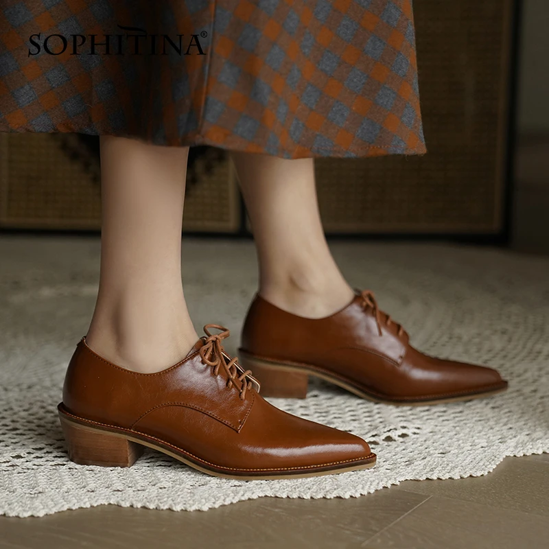 

SOPHITINA Flats Women Concise Oxfords Premium Leather Handmade Female Shoes Lace-Up Retro Classics Solid Casual Lady Shoes DO46